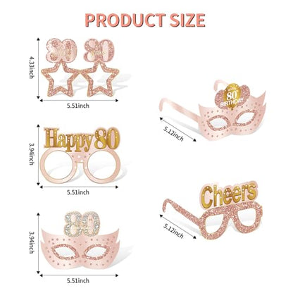 Guiruiy 24PCS 80th Birthday Eyeglasses Decorations for Women, Pink Rose Gold Happy 80th Birthday Paper Eyeglasses Party Supplies, Eighty Year Old Bday Glasses - style: Rose Gold 80th