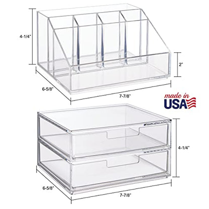 STORi Chloe Stackable Makeup Holder & Drawer Organizer Set, Clear, BPA-Free Plastic, Made in USA, Organize Brushes, Cosmetics & Beauty Essentials - style: Organizer & Drawer Set
