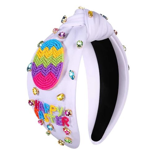 NVENF Easter Headband for Women Beaded Easter Rabbit Bunny Headband White Pink Crystal Pearl Knotted Hairband Happy Easter Hair Accessories Spring Holiday Headwear Outfits Gifts (Easter Egg A) - color: Easter Egg A