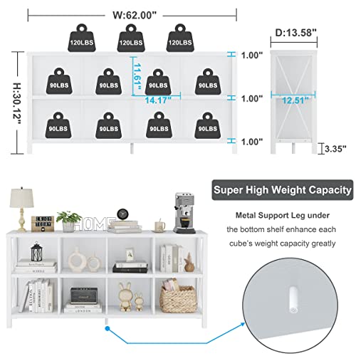 FATORRI 8 Cube Storage Organizer Bookshelf, 62 Inch Modern Wood Horizontal Bookcase, Farmhouse Cube Long Book Shelf, TV Console Stand for Living Room (White Oak) - color: White Oak