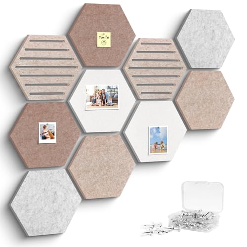 Hexagon Cork Bulletin Board Tiles, 10 Pack Felt Board with 25 Push Pins, Photo Display Board for Office & Home Classroom Wall Decor, 11.8x10.2 Inches - color: Tan