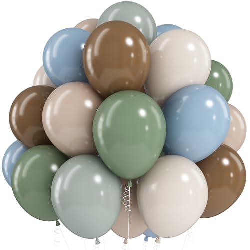 Sage Green Blue Brown Balloons, 60PCS Dinosaur Safari Dusty Blue Olive Green Coffee Beige Eucalyptus Latex Balloon Jungle Hunting Balloons for Woodland Dino Boho Baby Shower Birthday Party Decorations - color: Blue Green Brown