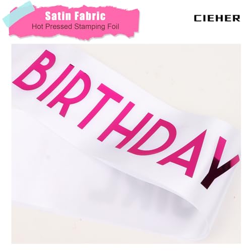CIEHER Birthday Girl Sash for Women and Girls - Customizable 67" L x 3.6" W Sash for 10th, 13th, 16th, 18th, 21st, 30th, 40th, 50th, 60th Birthdays - color: White & Rose Pink