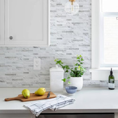 STICKGOO Peel and Stick Backsplash Tile, Stick on Backsplash for Kitchen and Bathroom, Volakas White Look PVC Mixed Metal Silver Self Adhesive Wall Tiles(10 Sheets) - color: Volakas White with Metal Silver