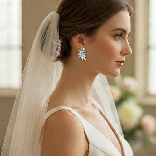 Mariell Clip-On Cubic Zirconia Crystal Bridal Earrings, Marquise Shape CZ Curved Clusters, Women Earrings for Wedding, Bridesmaids, Homecoming, Mother of the Bride - color: Silver Clip On