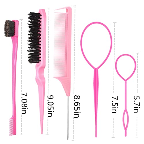 5Pcs Slick Back Brush Set with Topsy Tail Tool, Teasing Bristle, Rat Comb for Women & Girls Hair Styling, Flyaways Control and Edge Combing - Pink - color: PINK