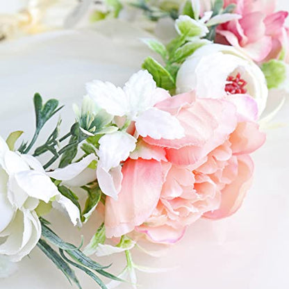 Women Flower Crown Bridal Floral Headband Flower Halo Floral Crown Wedding Party Cosplay Halloween Photos - color: beige and pink