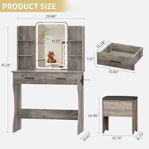 Vanity Desk with LED Lights Mirror & Power Outlet, Small Makeup Vanity Table Set with Storage Drawers & Chair, 3 Lighting Modes & Adjustable Brightness, Dressing Table for Women Girls Bedroom, Grey - color: Grey, size: 2 Drawers