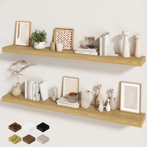 Fun Memories 60 Inch Fireplace Mantel - Long Floating Shelf, Wall Mounted Farmhouse Display with Invisible Heavy Duty Metal Bracket, Oak, 2 Pack - color: Oak, size: 60"W x 6.5"D