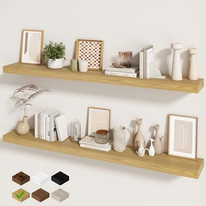 Fun Memories 60 Inch Fireplace Mantel - Long Floating Shelf, Wall Mounted Farmhouse Display with Invisible Heavy Duty Metal Bracket, Oak, 2 Pack - color: Oak, size: 60"W x 6.5"D