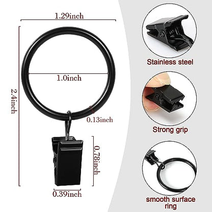HOOSUN 46 Pack Curtain Hooks,Curtain Rings with Clips,Metal Drapery Hooks Clips with Rings,Curtain Rod Clips for Drapes,Black Curtain Ring Inside Diameter 1 inch,Fits Curtain Rod Up to 1 inch - color: Black
