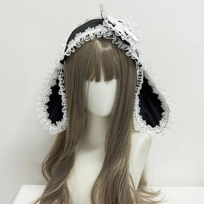 Rabbits Ears Hairband Photo Props Easter Hair Hoop Hairband Party Headpiece Fun Headbands for Music Festival - color: Pink & White Lace