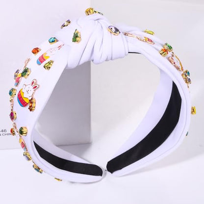 boderier Easter Headband Beaded Bunny Easter Egg Headband Jeweled Crystal Embellished Knotted Holiday Hair Accessories (Basket Bunny-White)