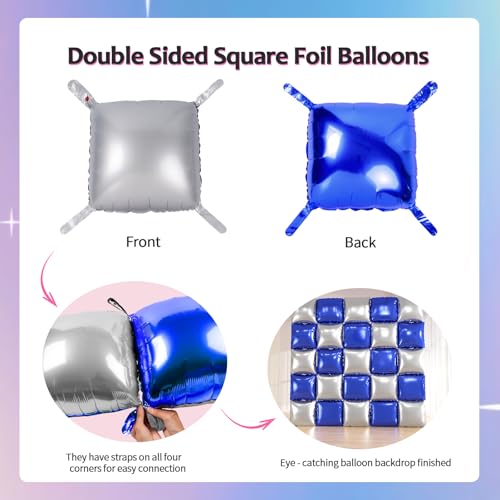 25pcs Blue and Silver Foil Square Balloon Backdrop Wall with 149pcs Royal Blue White Silver Balloons Arch, Double Sided Balloon Tunnel with Star Balloons for Graduation,New Year Party Decor - color: Royal Blue & Silver