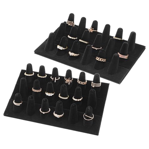 2 Pack Velvet Finger Ring Display, 18 Slot 3-Tier Jewelry Counter Showcase Storage Organizer Holder Stand for Rings, Black