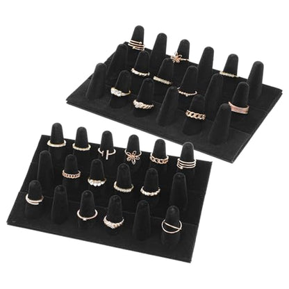 2 Pack Velvet Finger Ring Display, 18 Slot 3-Tier Jewelry Counter Showcase Storage Organizer Holder Stand for Rings, Black