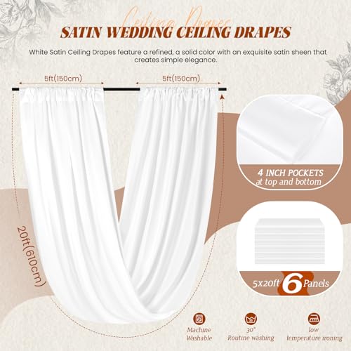6 Panels White Ceiling Drapes for Wedding Ceiling Drapes 5ftx20ft Wedding Arch Draping Fabric Premium Smooth Satin Ceiling Drapery Draping Decorations for Party Ceremony Stage Swag - color: White, size: 60"W x 240"L (Pack of 6)
