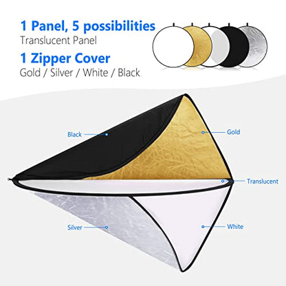 NEEWER 43 Inch/110 Centimeter Light Reflector Diffuser 5 in 1 Collapsible Multi Disc with Bag - Translucent, Silver, Gold, White, and Black for Studio Photography Lighting Outdoor - size: 110cm