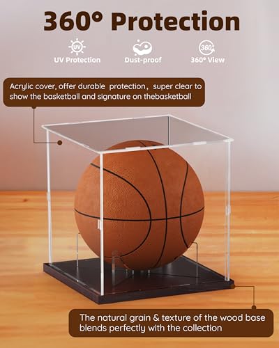 Fitense Basketball Display Case Acrylic Clear, UV Protected Basketball Stand Box Full Size with Solid Wood Base, Soccer Display for Autographed Standard NBA WNBA Ball Memorabilia Keepsake, Ideal Gift