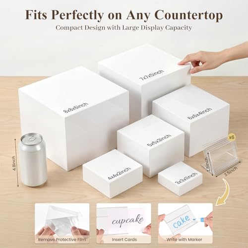 DomeStar 6PCS White Acrylic Buffet Risers with Mini Sign, Food Risers Dessert Table Display Set for Buffet Table Party Catering Cupcake Cake Jewelry, Nesting Boxes for Food Display (8" 7" 6" 5" 4" 3") - color: white