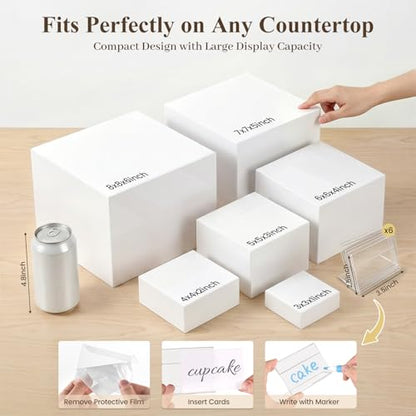DomeStar 6PCS White Acrylic Buffet Risers with Mini Sign, Food Risers Dessert Table Display Set for Buffet Table Party Catering Cupcake Cake Jewelry, Nesting Boxes for Food Display (8" 7" 6" 5" 4" 3") - color: white