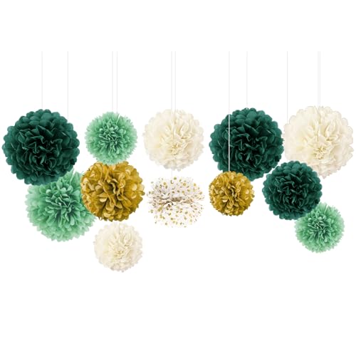 NICROLANDEE Green Wedding Party Decorations - 12 PCS Emerald Green Ivory Tissue Paper Pom Poms for Neutral Baby Shower, Vintage Party, Birthday, Bridal Showers, Rustic Wedding Decorations - style: Forest Green