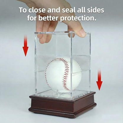 DisplayGifts Baseball Display Case Wooden Lacrosse Ball Stand 98% UV High Protection All-Sides Closure Cube for a Home Run or Autographed Ball Cherry Finish Bottom - color: Cherry