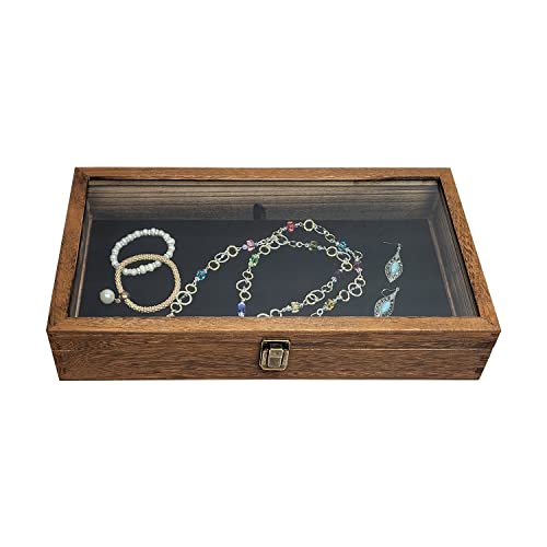 MOOCA Glass Top Wooden Jewelry Display Case with Removable Black Luxurious Velvet Jewelry Display Pad, Deeper 2.75-Inch Design for Taller Collectibles, Brown Color - color: 9A) Brown, 2.75 Inch High