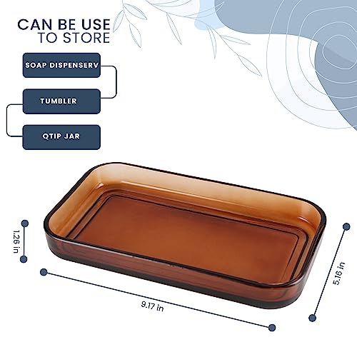 H Halston Amber Glass 9x5 Vanity Tray, Bathroom Organizer, Trinket Tray for Jewelry, toiletries, Organization, Durable Heavy Weight Construction