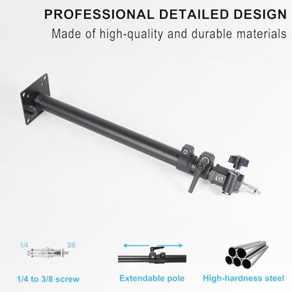 Photography Studio Ceiling Camera Mount 360° Rotation Wall Ceiling Light Mount Boom Arm Up to 28.3inch for Photo Video Monolights, Umbrellas, Reflectors, Overhead with 3/8" &1/4" Thread Adapter