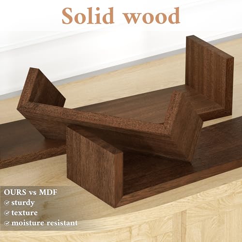 SRIWATANA Floating Shelves Wall Mounted, Solid Wood Wall Shelves Set of 3, Dark Brown… - color: Dark Brown