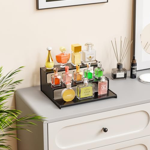 Yieach Cologne Stand for Men,3 Tier Black Perfume Tray for Cologne,Acrylic Display Risers for Collection,Fragrance,Cupcake,Figure Display Shelf,Perfume Stand Organizer,Product Fragrance Display Stand - color: Black