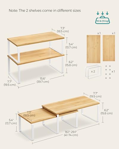 SONGMICS Cabinet Organizer Shelf, Set of 2 Kitchen Counter Shelves, Kitchen Storage, Spice Rack, Stackable, Expandable, Metal and Engineered Wood, Cloud White and Natural Beige UKCS200W01 - color: Cloud White + Natural Beige, size: 15.6"W