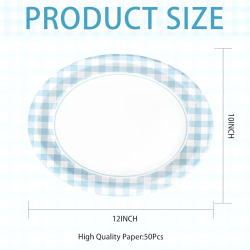 50PCS Light Blue Gingham Paper Oval Plates 10" X 12" Disposable Light Blue and White Gingham Party Plates Disposable Heavy Duty Checkered Plaid Dinnerware for BBQ Gathering Picnic Baby Shower Birthday - style: Blue Gingham Oval Kit