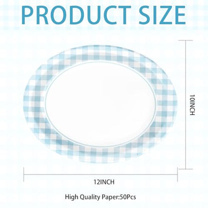 50PCS Light Blue Gingham Paper Oval Plates 10" X 12" Disposable Light Blue and White Gingham Party Plates Disposable Heavy Duty Checkered Plaid Dinnerware for BBQ Gathering Picnic Baby Shower Birthday - style: Blue Gingham Oval Kit
