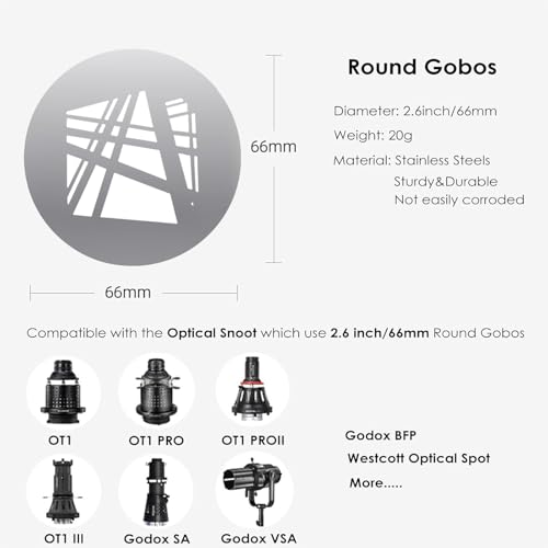 18Pcs Round Gobos Kit for Optical Snoot,66mm/2.6in Metal Plate Patterns for Spotlight Attachment Compatible with Godox BFP/OT1/OT1 Pro/II/Westcott Optical Spot/Aputure SE,for Portraits/Product/YouTube - style: 18packs Patterns