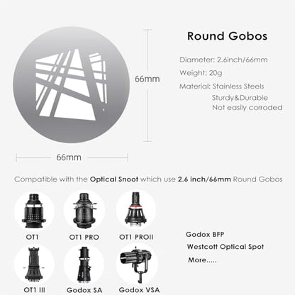 18Pcs Round Gobos Kit for Optical Snoot,66mm/2.6in Metal Plate Patterns for Spotlight Attachment Compatible with Godox BFP/OT1/OT1 Pro/II/Westcott Optical Spot/Aputure SE,for Portraits/Product/YouTube - style: 18packs Patterns