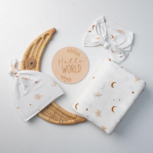 Miaoberry Organic Muslin Swaddle Blanket and Hat Set – Moon and Stars Nursery Decor – Sun & Moon Baby Hospital Receiving Outfit for Birth Announcement, Newborn Photography - color: Moon White