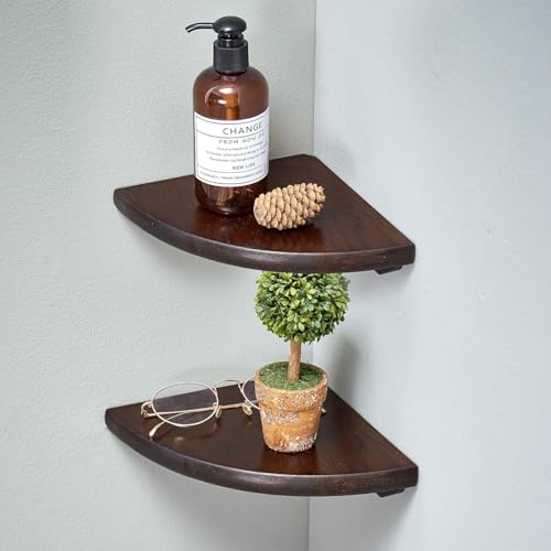 Corner Shelves, Floating Corner Shelf, Set of 2 Solid Oak Wood Wall Shelves, Round End Wall Mount with Wire Hole Shelving for Small Plant for Bedroom Kitchen, Living Room Walnut 8.7” - color: Walnut, size: 8.7in 2p