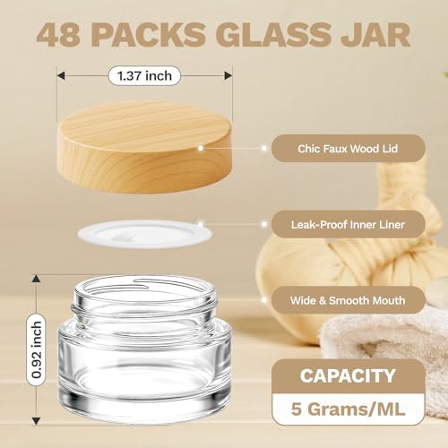 Bumobum 48 Pcs 5 Grams Glass Cosmetic Jars with Plastic Wood-Grain Lids, 5 ml Lip Balm Containers Empty Tiny Sample Jars for Lip Scrub Makeup Eye Cream Travel - color: 5g-48pack