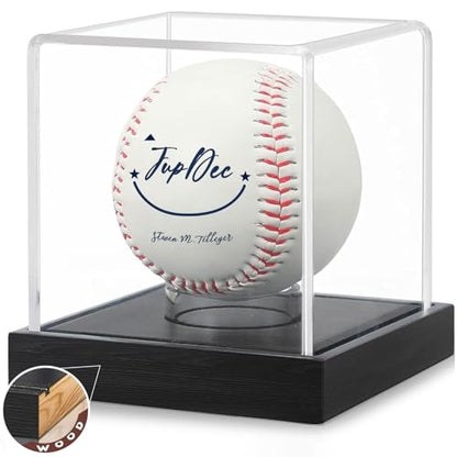 JupDec Baseball Display Case, Clear Cube Baseball Holder with Wooden Base, Autograph Baseball Stand Box for Single Ball, Acacia Wood, Black, 1 Pack - size: 1 Pack