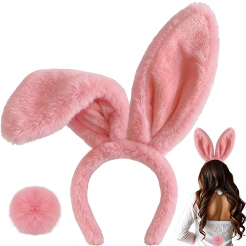 KHC-KHF Easter-Headband Bunny-Headbands Halloween Plush Rabbit Ear Costume Bunny Headband Tail Accessories Party Makeup Birthday Favors s Adult Headwear - color: Pink Suit