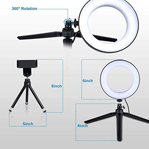 LED Ring Light 6" with Tripod Stand for Desk YouTube Video and Makeup, Mini Camera Light with Cell Phone Holder Desktop LED Lamp with 3 Light Modes & 11 Brightness Level (6 inch) - size: 6 inch with Tripod Stand