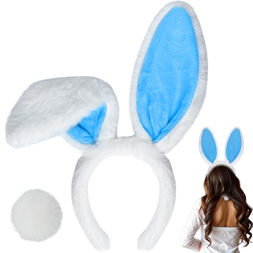 KHC-KHF Easter-Headband Bunny-Headbands Halloween Plush Rabbit Ear Costume Bunny Headband Tail Accessories Party Makeup Birthday Favors s Adult Headwear - color: White Blue Suit