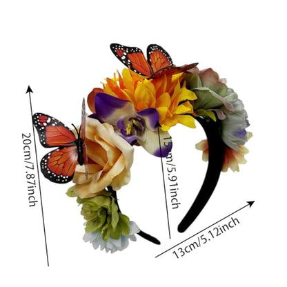 Elegant Butterfly Flower Headband for Women Boho Handmade Rose Floral Crown Wedding Bridal Festivals Cosplay Prom Photo Props Headpiece (C2 yellow, Adjustable) - color: C2 yellow