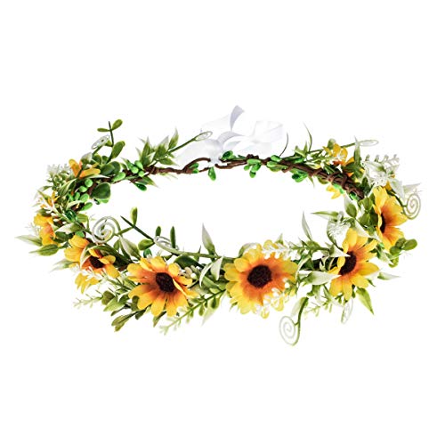 DDazzling Green Leaf Floral Crown Eucalyptus Flower Women Girls Headband Flower Headpiece Bridal Halo Photo Prop (Sunflower Yellow) - color: Sunflower Yellow