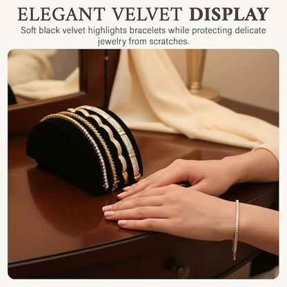 RJ Displays Black Velvet Half Moon Bracelets Holder Stand, Jewelry Display Ramp for Bracelet, Bangle, or Necklace Collection, Size 3x5x2.5 in (76x127x63 mm) and bracelet holder display