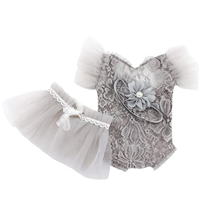 Newborn Photography Props Outfits Princess Baby Girl Pearl Lace Rompers Headdress Infant Baby Girl Photoshoot Costume - color: Gray
