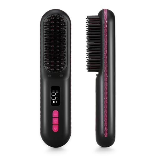 Hair Straightener Brush, Portable Cordless Mini Straightening Brush for Travel, Negative Ion Hot Comb Hair Straightener with 9 Temps for Women, Anti-Scald Ceramic, Fast Charge - color: A-black With Rose Red