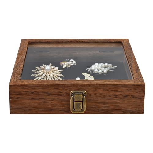 MOOCA Tempered-Glass Top 2 pieces Set Small Wooden Jewelry Display Case with Removable Black Luxurious Velvet Jewelry Display Pad, Deeper 2.2" Design for Collectibles, Brown Color. - color: Brown With Velvet Pad, 2 pieces